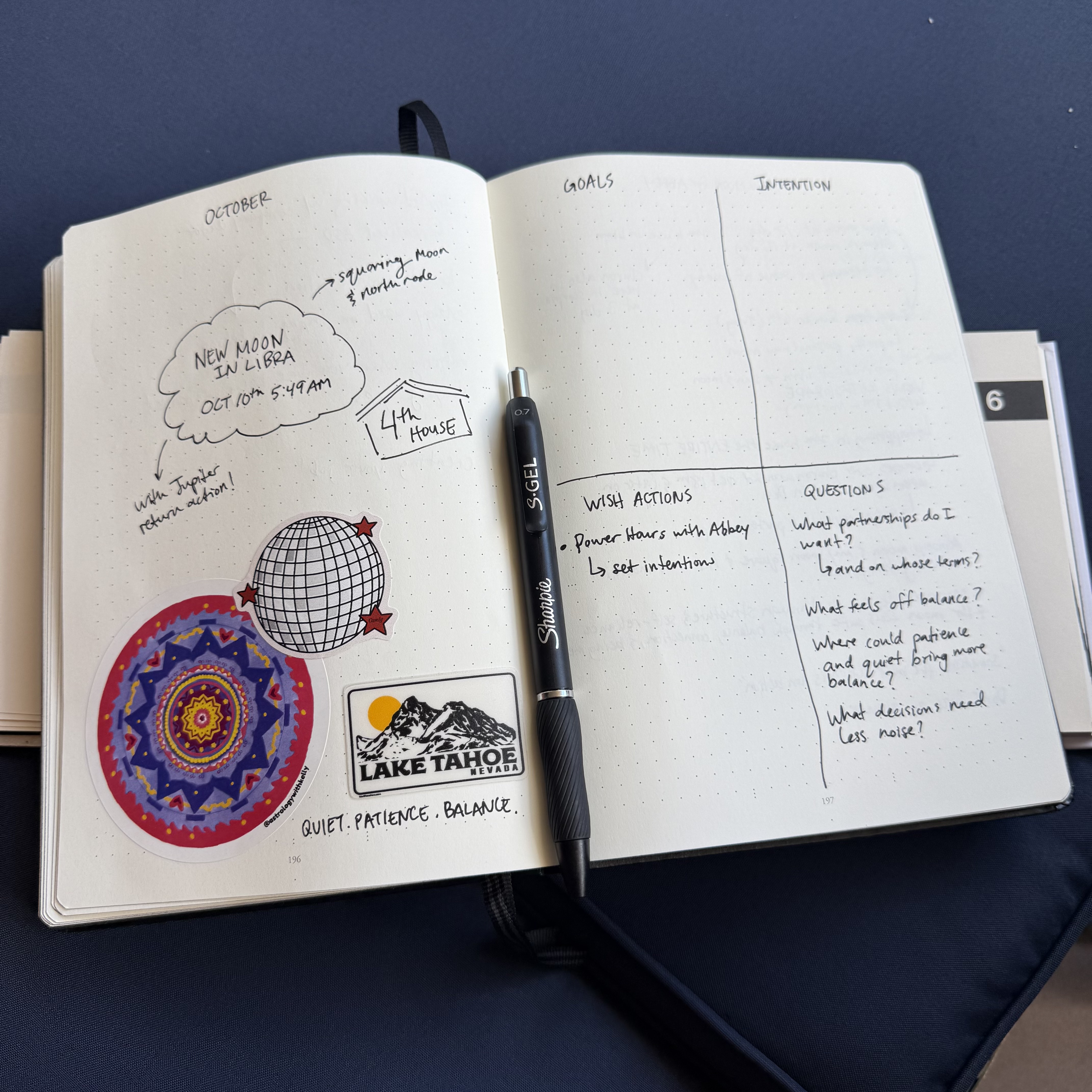 New moon in Libra journal spread with stickers and wish actions