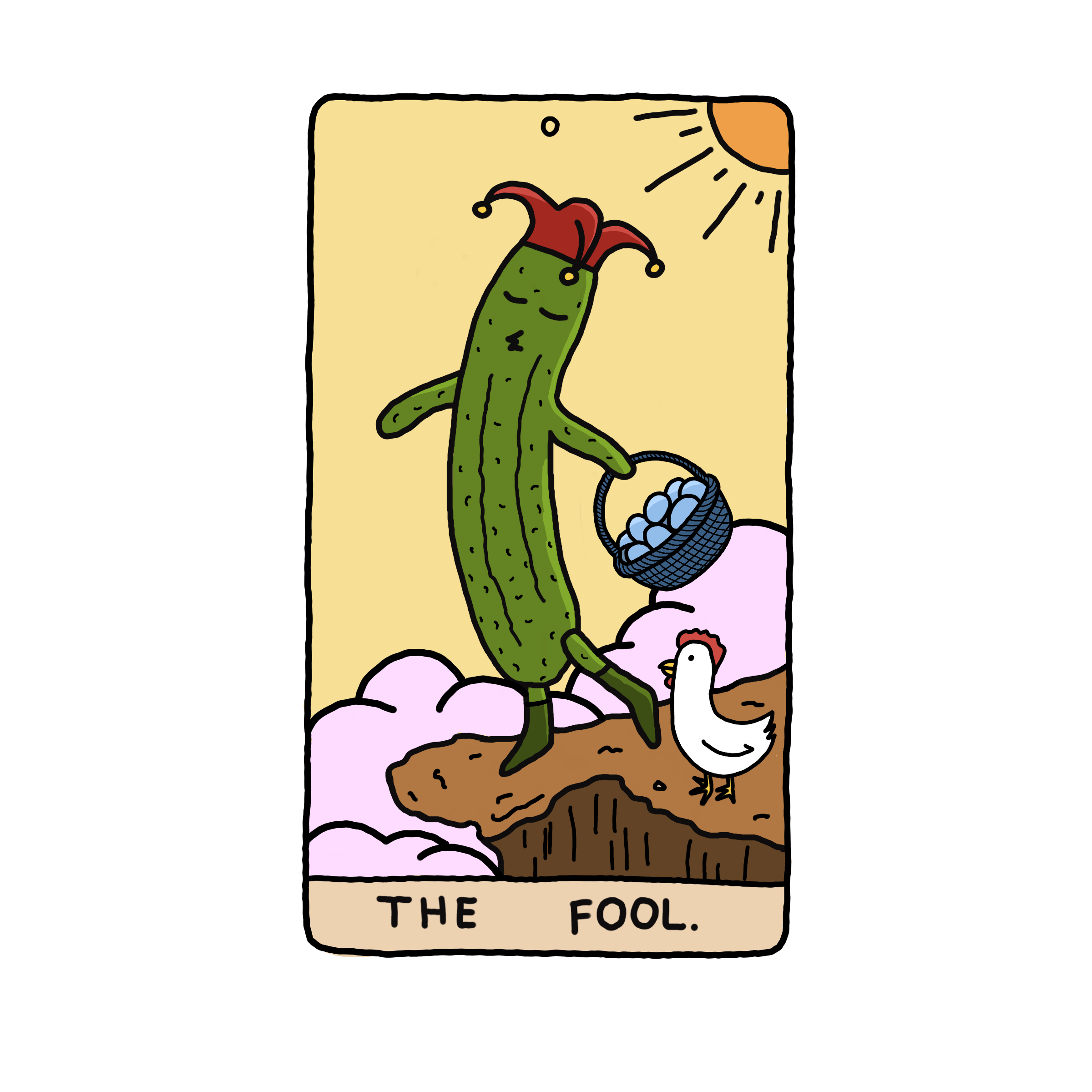The Fool tarot card, drawn as a pickle in a jester hat stepping off a cliff