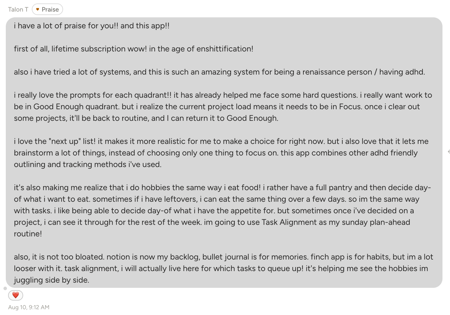 Screenshot of a long DM from Talon praising Task Alignment. The best lines are quoted just below.